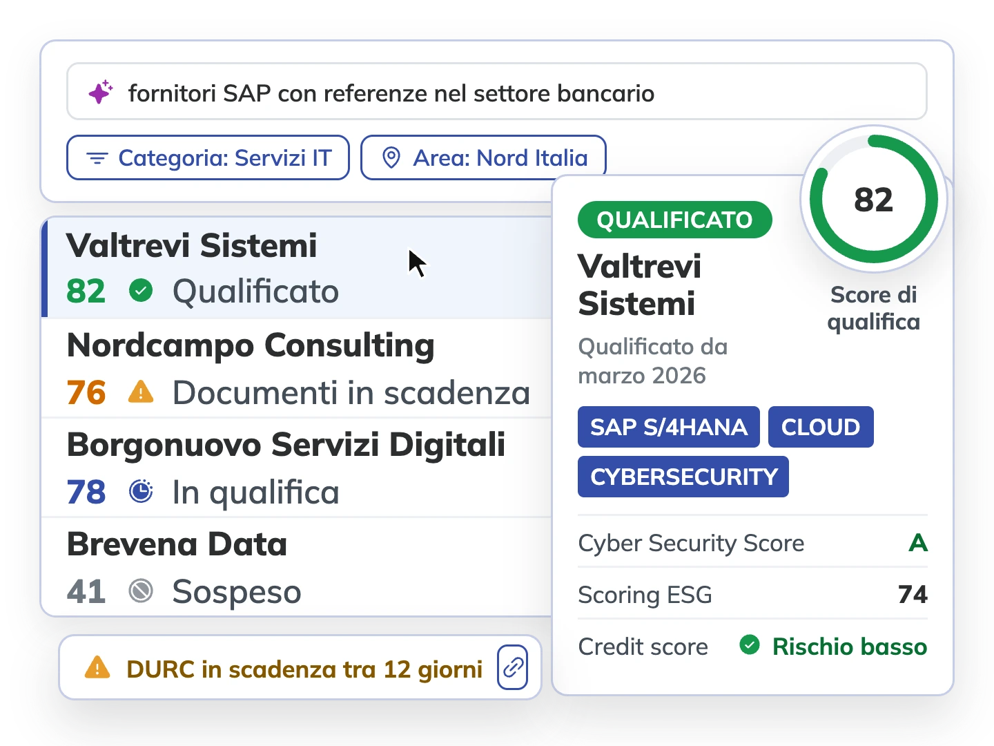 Albo fornitori in TimeFlow: ricerca in linguaggio naturale, filtri per categoria e area, elenco dei fornitori con score e stato di qualifica, scheda del fornitore selezionato con score 82, Cyber Security Score, scoring ESG, credit score e avviso di DURC in scadenza.