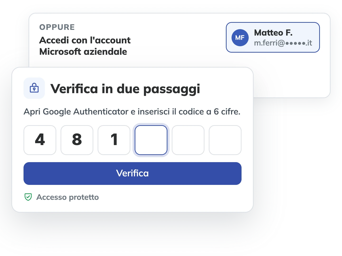 Accesso a TimeFlow con verifica in due passaggi: codice a 6 cifre da Google Authenticator e, in alternativa, accesso con l'account Microsoft aziendale.