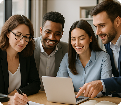 Team di professionisti che collabora davanti a un laptop.